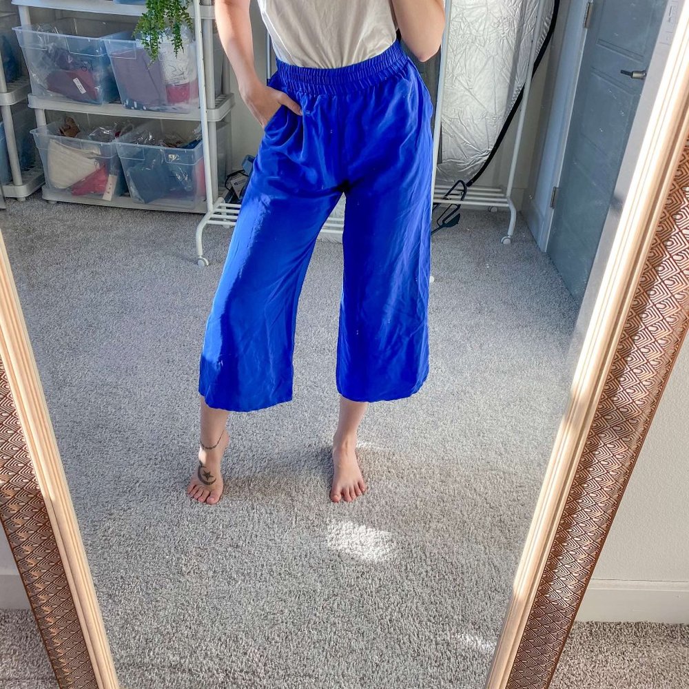 Amanda Uprichard Cropped Wide Leg Silk Pants Blue
